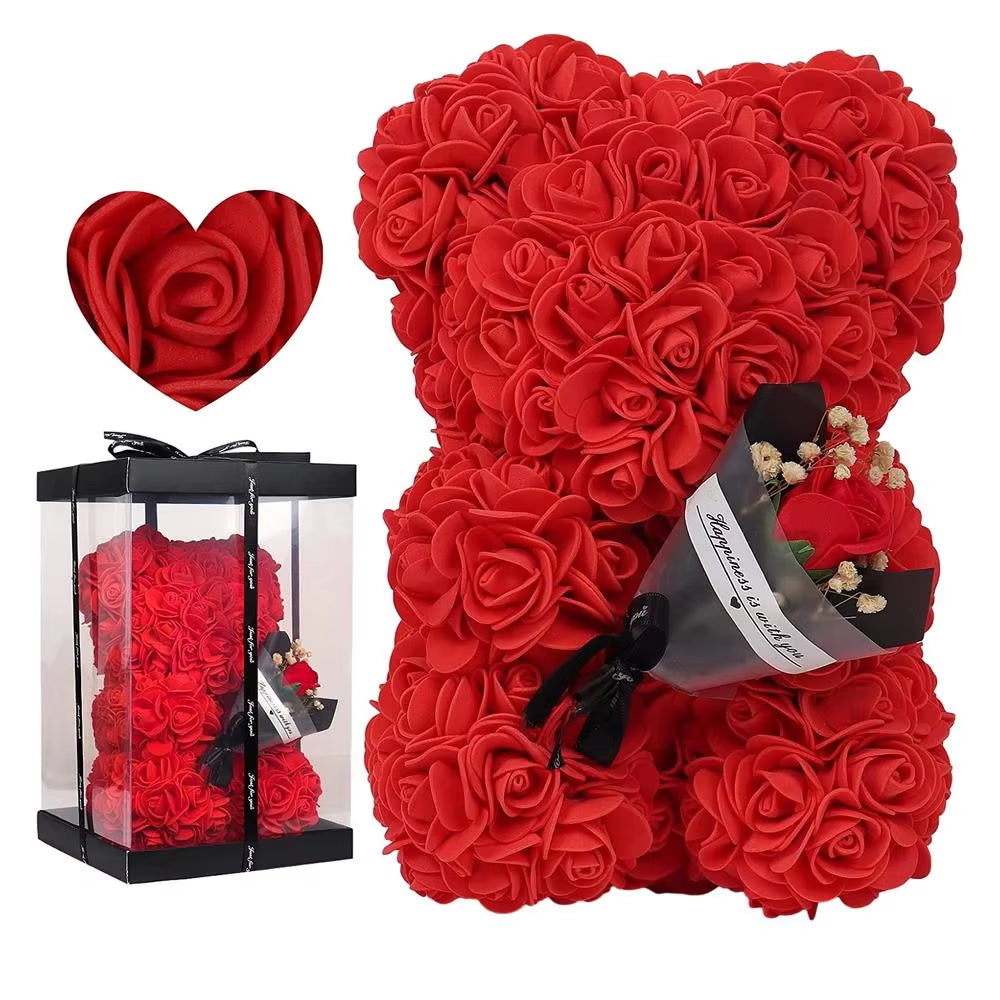 Rose Flower Bear 9.45In Cute Artificial Forever Flower Rose with Clear Box Handmade Romantic Decorative Valentines Day Bear Gift