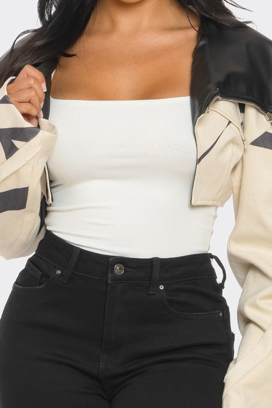 Two-Tone Puff Sleeve Bomber Jacket