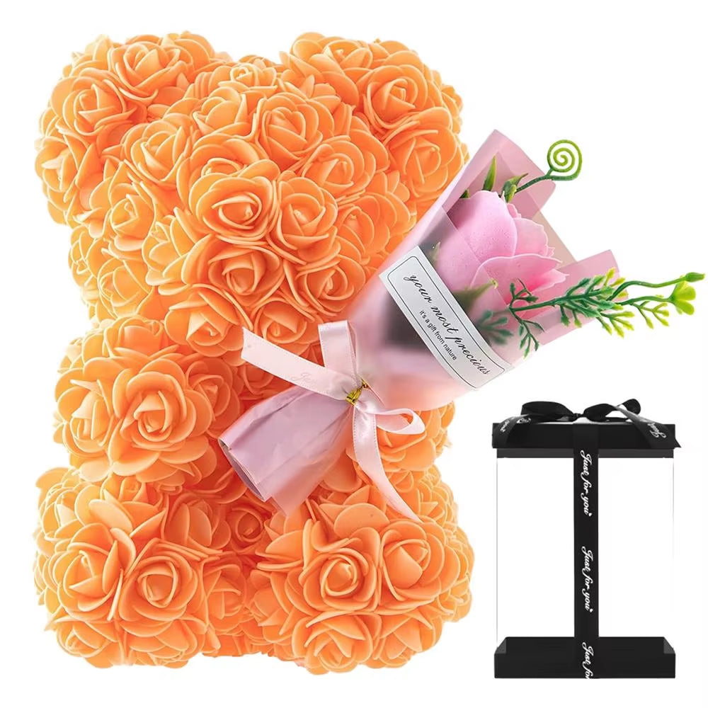 Rose Flower Bear 9.45In Cute Artificial Forever Flower Rose with Clear Box Handmade Romantic Decorative Valentines Day Bear Gift