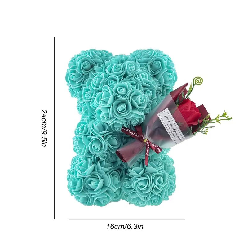 Rose Flower Bear 9.45In Cute Artificial Forever Flower Rose with Clear Box Handmade Romantic Decorative Valentines Day Bear Gift