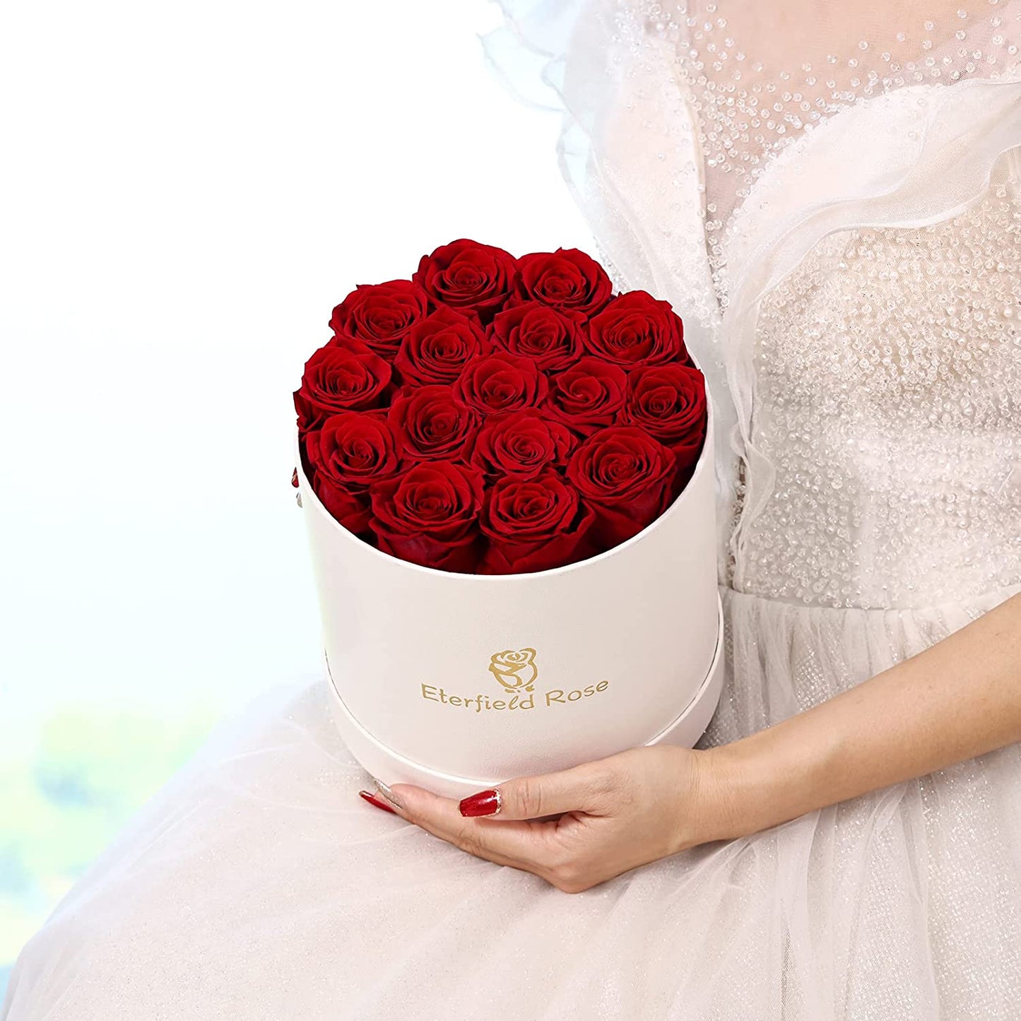 16-Piece Forever Flowers Preserved Rose in a Box Real Roses That Last a Year Preserved Flowers for Delivery Prime Mothers Day Valentines Day Christmas Day (Red Roses, round White Box)