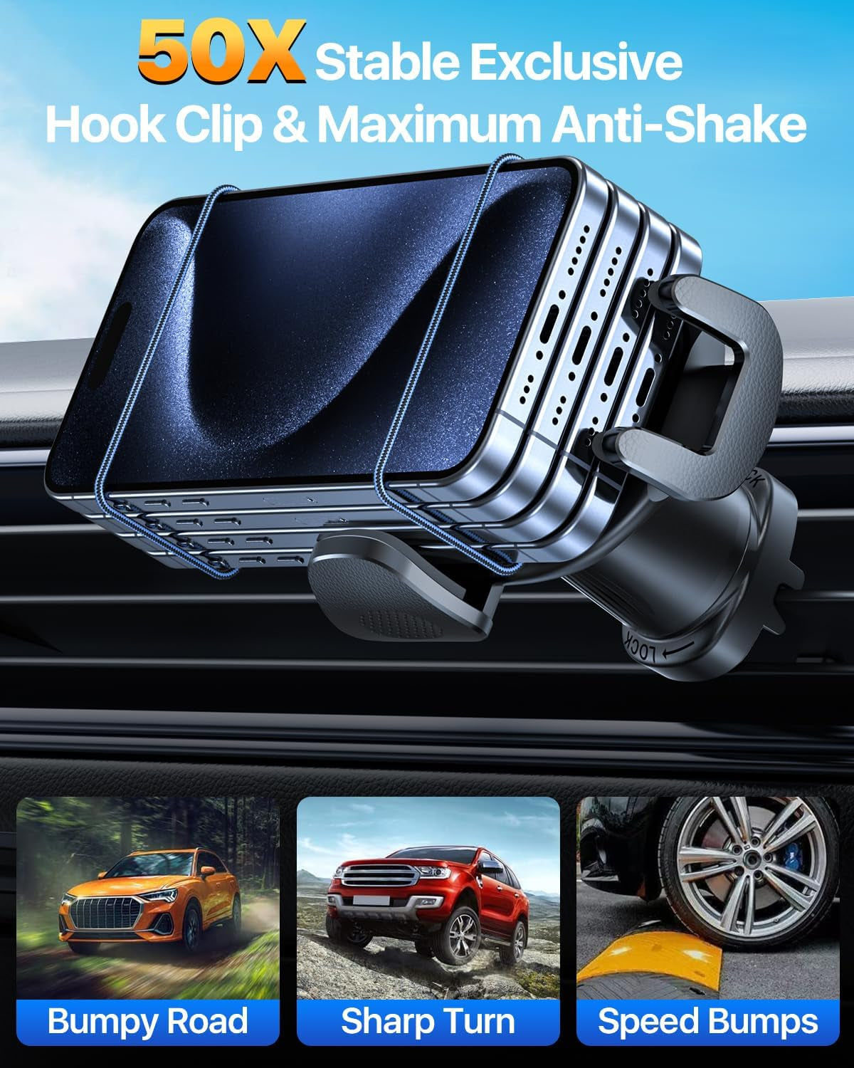 【Military-Grade】Car Phone Holder,【Strongest & Longest Steel-Hook】Car Vent Mount, Handsfree 360° Adjustable Automobile Cradle Air Clip Stand for Iphone 16 15 14 13 12 Pro Max Samsung Universal, Black