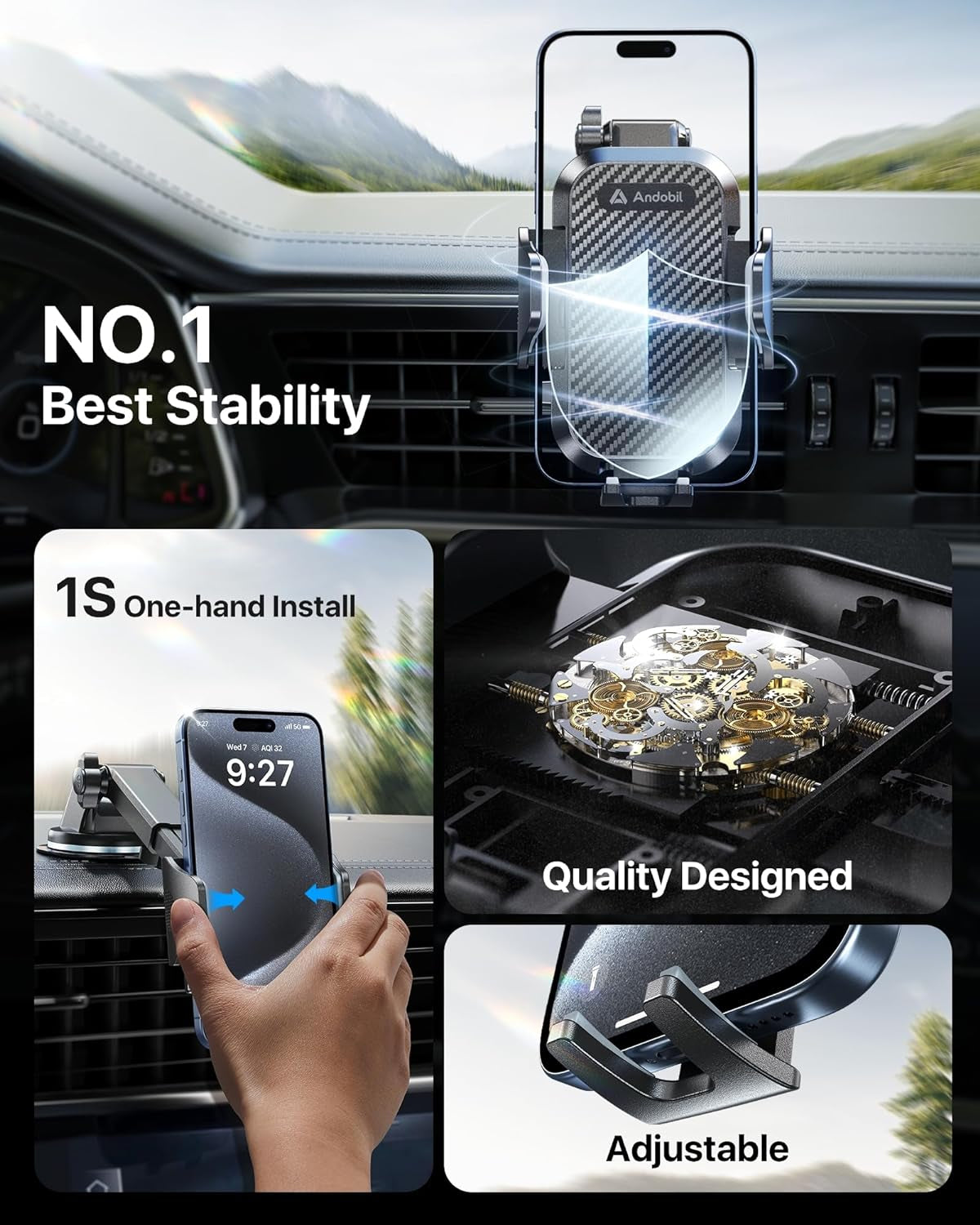 Car Phone Holder (Bumpy Roads Friendly) Military-Grade Cell Phone Car Mount Ultimate Phone Holders for Your Car Dashboard Windshield Vent Car Mount for Iphone 16 Pro Max/15/14/13/12, Samsung