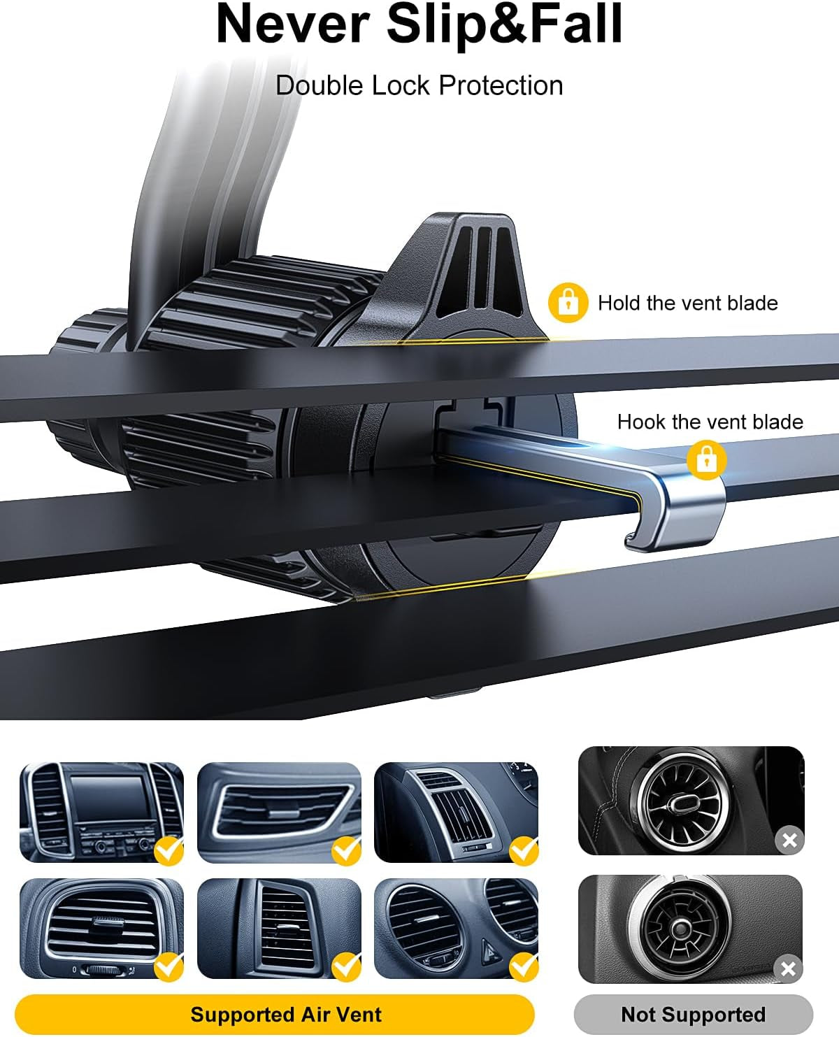 Car Vent Phone Mount, [Never Blocking Vent, Enjoy the Comfort of the A/C] Hands-Free Universal Extension Clip Air Phone Holder Car Fit for Iphone 16 Pro Max Samsung All Phones