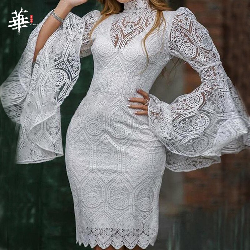 Lace White Dress Women Midi Dress for Women Long Sleeve Bodycon Sexy