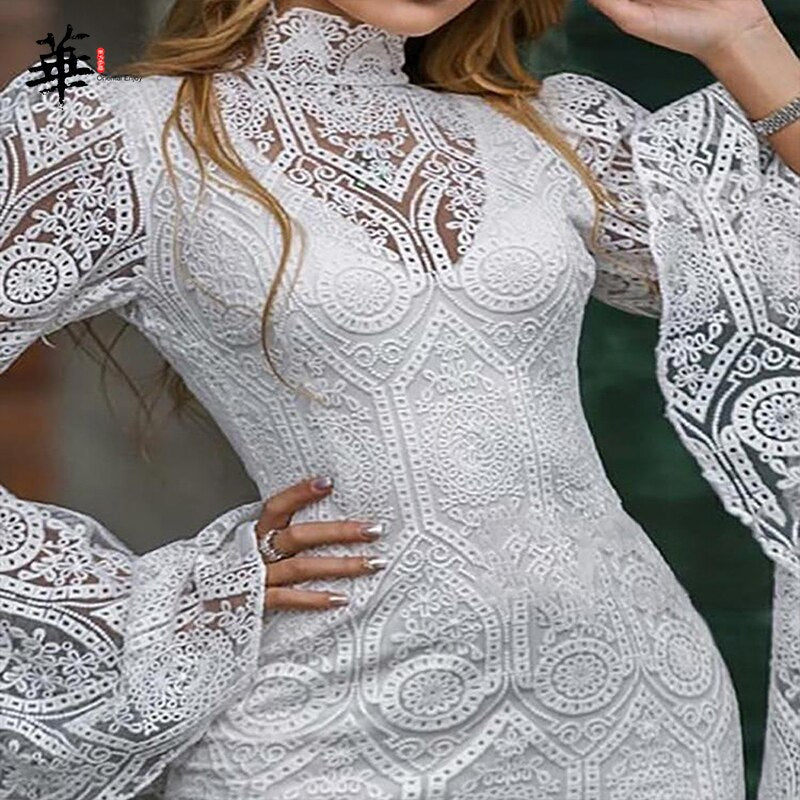 Lace White Dress Women Midi Dress for Women Long Sleeve Bodycon Sexy