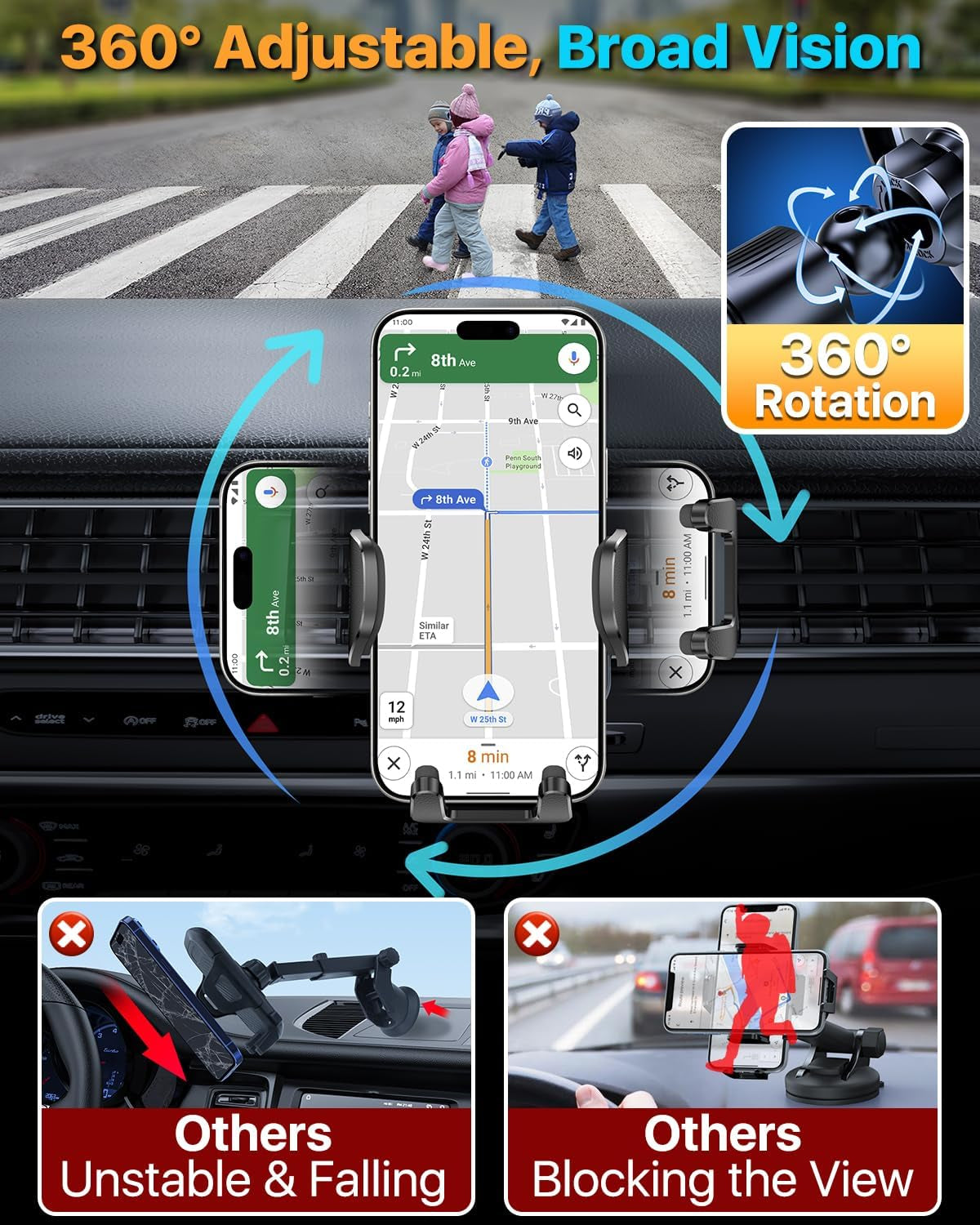 【Military-Grade】Car Phone Holder,【Strongest & Longest Steel-Hook】Car Vent Mount, Handsfree 360° Adjustable Automobile Cradle Air Clip Stand for Iphone 16 15 14 13 12 Pro Max Samsung Universal, Black