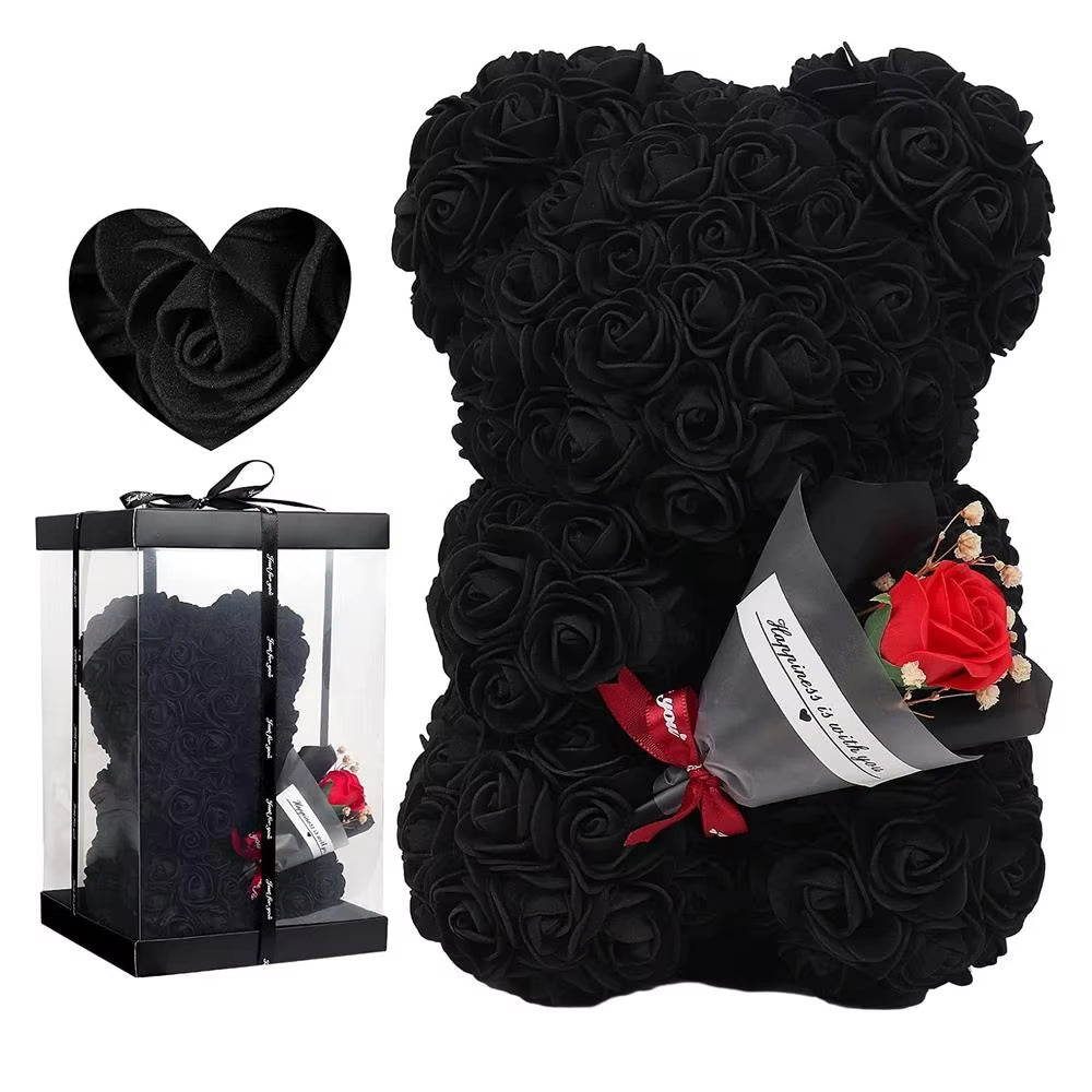 Rose Flower Bear 9.45In Cute Artificial Forever Flower Rose with Clear Box Handmade Romantic Decorative Valentines Day Bear Gift