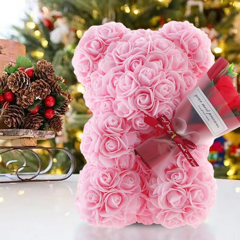 Rose Flower Bear 9.45In Cute Artificial Forever Flower Rose with Clear Box Handmade Romantic Decorative Valentines Day Bear Gift